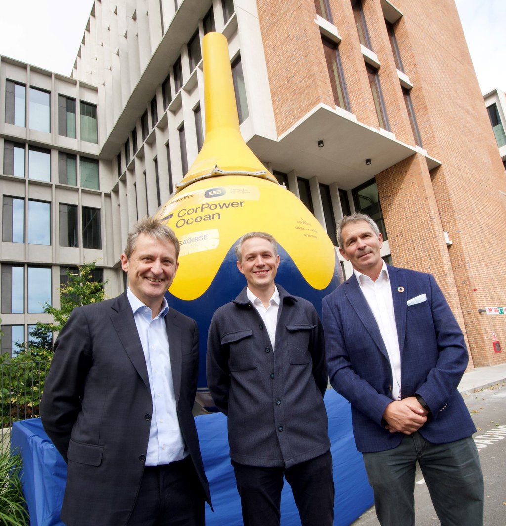 L to R: Jim Dollard, Patrik Möller and Sam Roch Perks with scaled CorPower Ocean’s wave energy device (Courtesy of ESB)