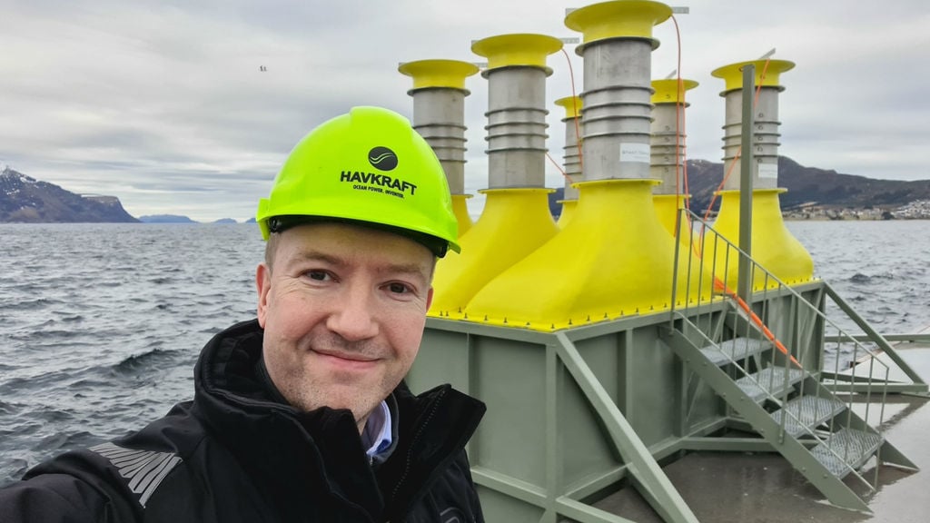 Illustration/Havkraft’s CEO Geir Arne Solheim on a ‘Powerpier’ equipped with wave energy units (Courtesy of Havkraft)