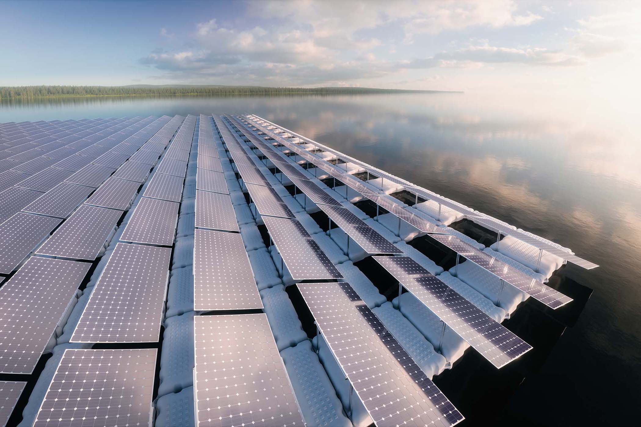 Concept of a floating solar panel array in beautifull calm morning lake with distant wild forest in background. 3d rendering.