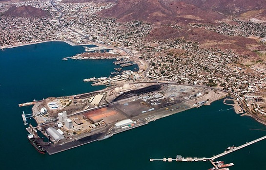 An illustration of an LNG terminal on the coast