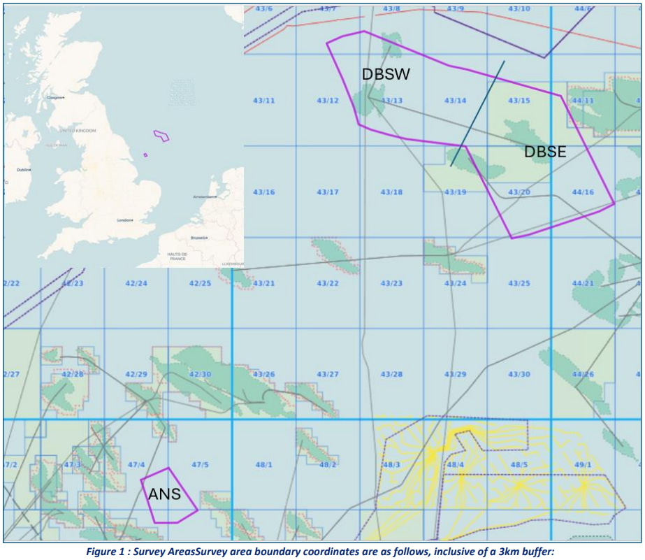 A map showing survey locations at Dogger Bank South Offshore Wind Farm