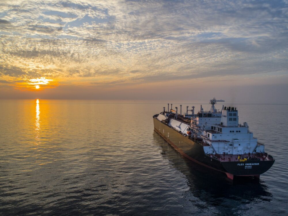 A large vessel at sunset