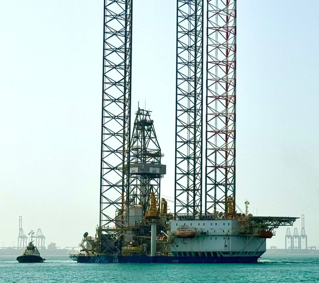 A jackup rig being transported on a vessel