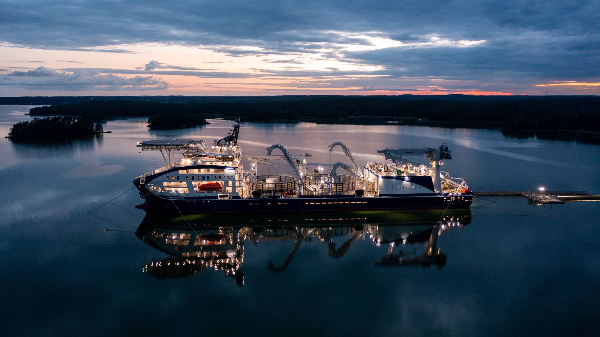An evening photo of Prysmian's vessel Leonardo da Vinci