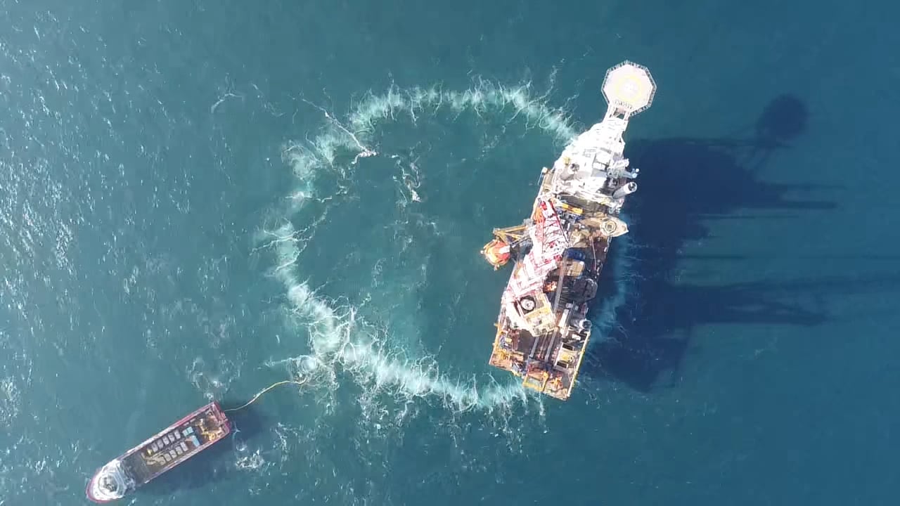 An aerial photo of the bubble curtain deployed during piling operations at Sofia offshore wind farm site