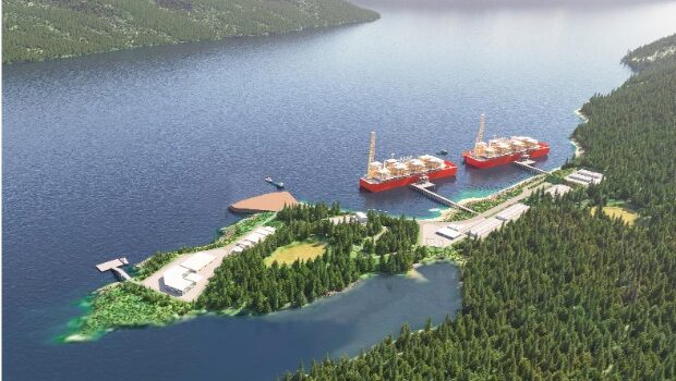 A digital rendering of an LNG plant by the coast
