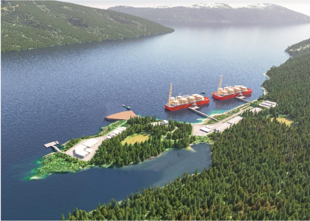 A digital rendering of an LNG plant by the coast