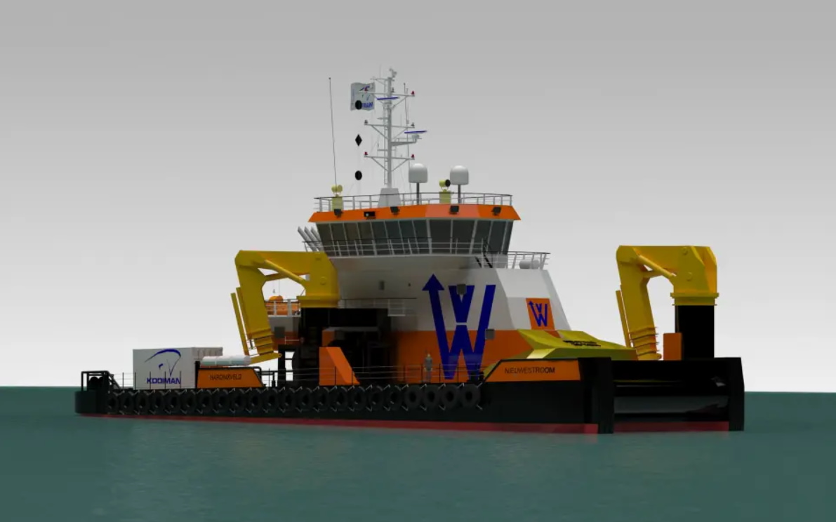 A render of the new multi-purpose vessel ordered by Van Wijngaarden Marine Services