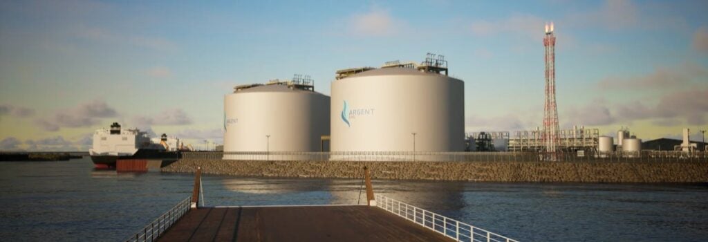 Rendering of Argent LNG tanks and a vessel