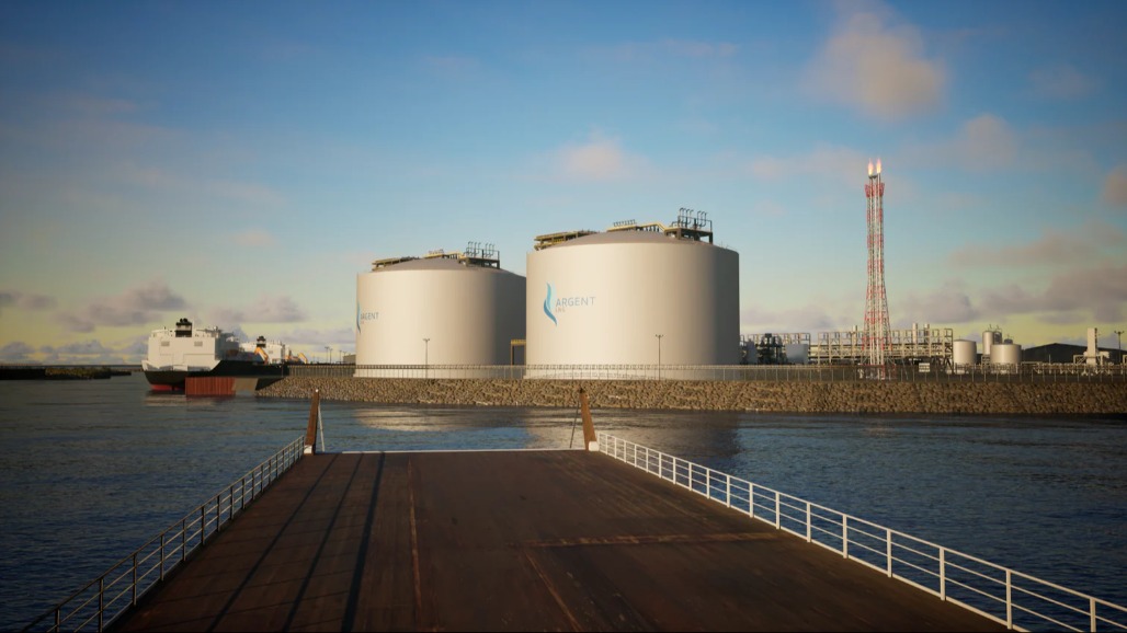 Rendering of Argent LNG tanks and a vessel