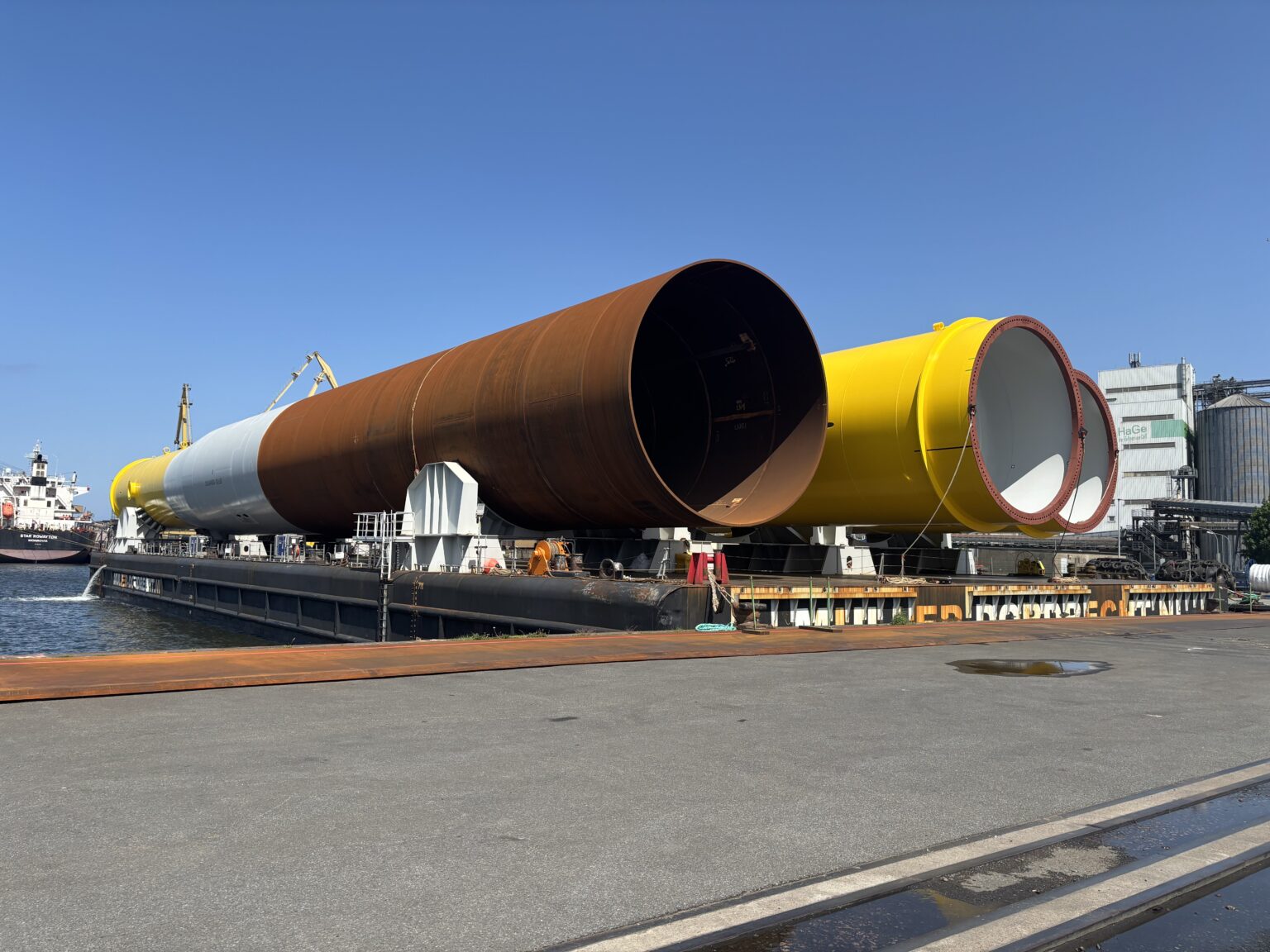 A photo of Sofia monopile foundations at EEW SPC