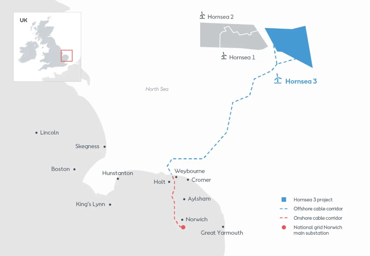 Map showing Hornsea Three wind turbine array and export cable corridor locations