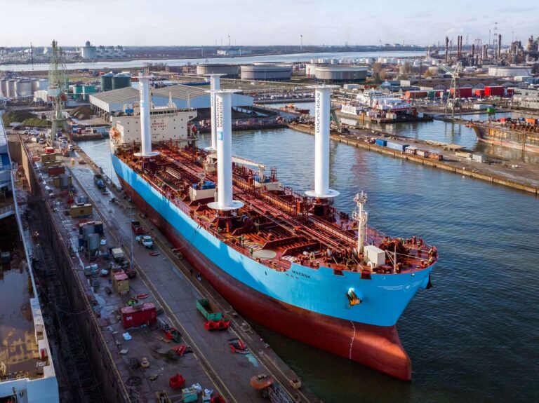 Photo of the Maersk Trieste, a 183 meter long Chemical and Oil products tanker, after being retrofitted with 4 eSails. One of 5 ships to have undergone the fitting.