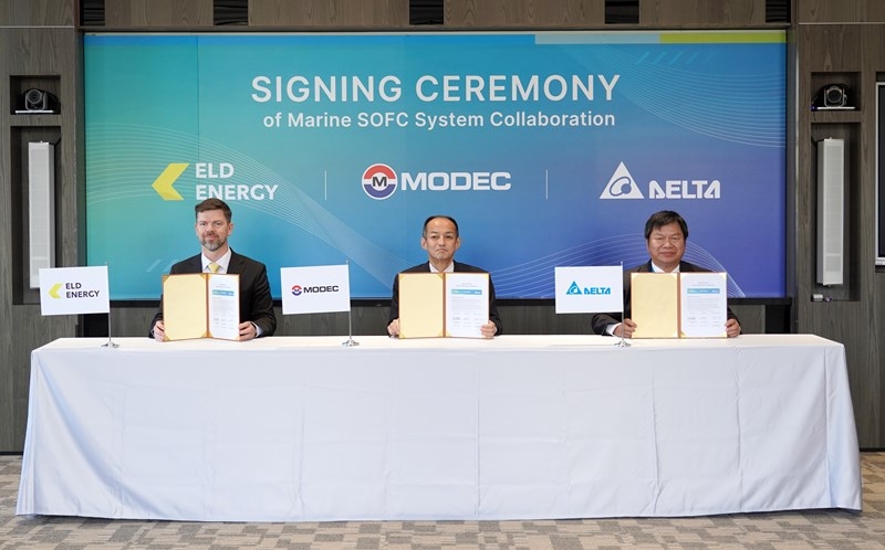 From left: Hans Fredrik Lindøen-Kjellnes, CEO Eld Energy, Koichi Matsumiya, CTO of MODEC, and Charles Tsai, General Manager of Delta’s Hydrogen; Source: Delta
