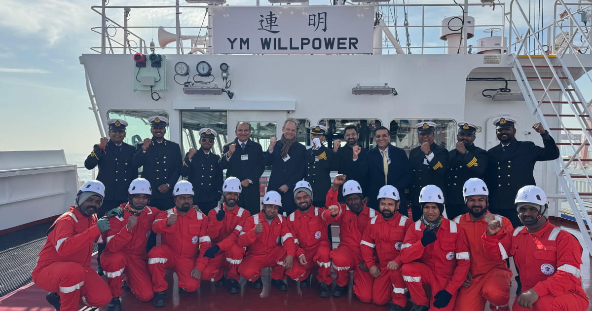 Jesper Kristensen, Group CEO, and Ajay Chaudhry, Co-CEO – Ship Management, Synergy Marine Group, pictured with the Synergy ship staff of YM Willpower during the vessel’s naming ceremony in Korea; Source: Synergy Marine Group