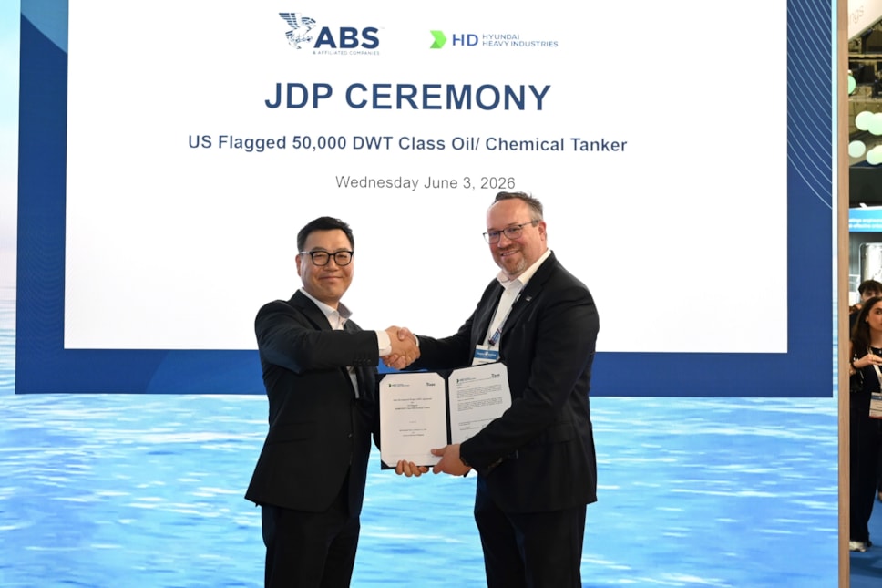 Photo Caption (L to R): Yihyo Chung, HD HHI Senior Vice President/Initial Design Office (Medium Size Ship) and Patrick Ryan, ABS Senior Vice President and Chief Technology Officer at Posidonia 2026; Courtesy of ABS
