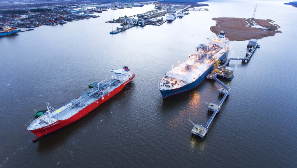 Gasum's container vessel Coral Energy at Klaipeda LNG terminal; Courtesy of KN Enenergies