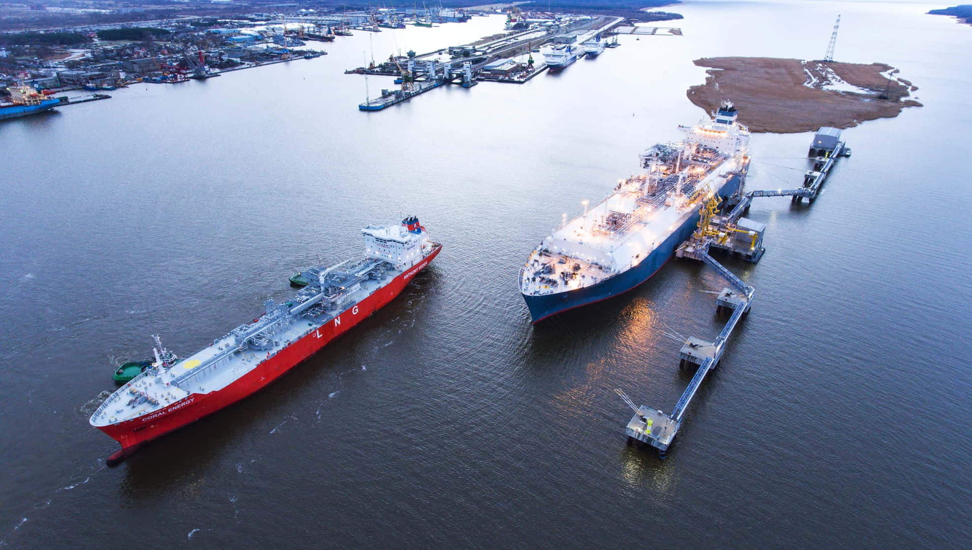 Gasum's container vessel Coral Energy at Klaipeda LNG terminal; Courtesy of KN Enenergies