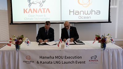 Philippe Levy, President of Hanwha Ocean's Energy Plant Unit, and Robert F. Delamar, Chief Executive Officer of Kanata Clean Power & Climate Technologies Corp. sign a memorandum of understanding; Source: Hanwha Ocean