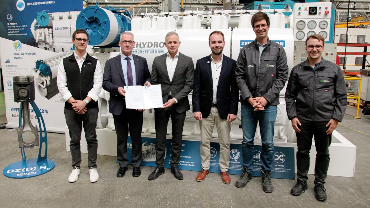 From Left to Right: Michail Cheliotis, Marine Surveyor at Lloyd’s Register; Peter Van de Graaf, Strategic Key Account Business Partner at Lloyd’s Register; Tim Berckmoes, CEO at Anglo Belgian Corporation; Louis Vercauter, Project Coordinator at CMB.TECH; Edward Belderbos, Project Engineer at Anglo Belgian Corporation; Arthur Ghekiere, Project Engineer at Anglo Belgian Corporation. Courtesy of Lloyd's Register