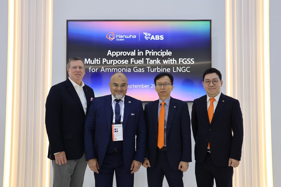 Photo caption (L to R): Matthew Tremblay, ABS Senior Vice President, Global Offshore Markets; Rostom Merzouki, ABS Vice President, Global Sustainability; John Ki Lim, Hanwha Ocean General Manager and Team Leader of Commercial Vessel Development team; and Dong Kwon (Duke) Lee, Hanwha Ocean Senior Vice President and Head of Basic Performance R&D Center. Courtesy of ABS