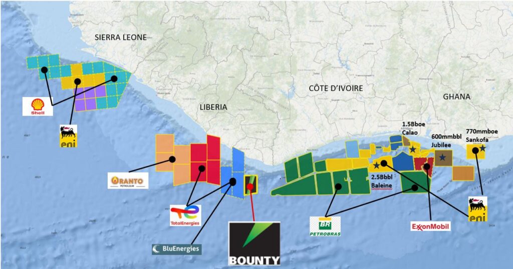 Offshore West Africa Transform Margin, showing current licence holders – dominated by oil and gas majors. Source: NOCAL/LPRA licensing data