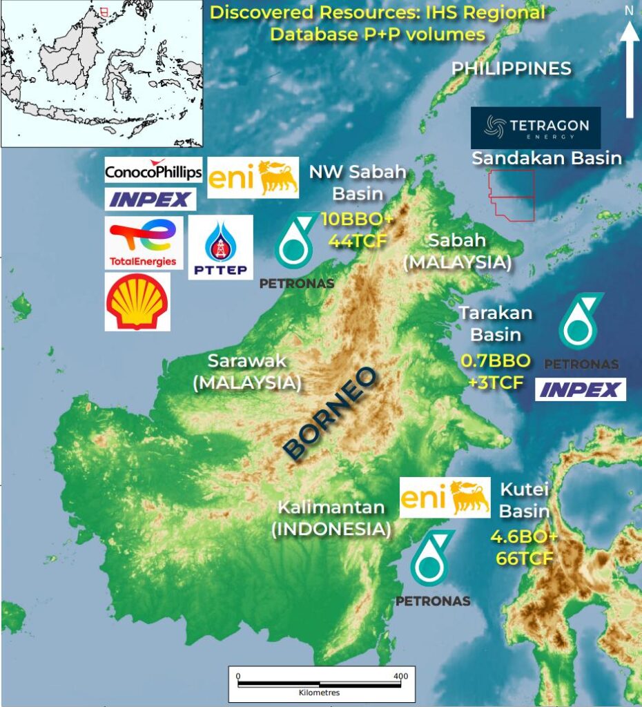 Map showing location of Tetragon's operated permits SC80 and SC81 off the north coast of Borneo, in geologically analogous position to deepwater basins also off Borneo in NW Sabah (Malaysia) and the Kutei basin East Kalimantan (Indonesia). Source: Tetragon